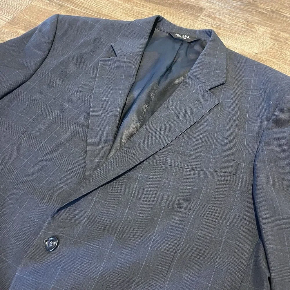 Jos A Bank Blazer Mens 48R Navy Blue Windowpane Wool Sport Coat Jacket Plaid